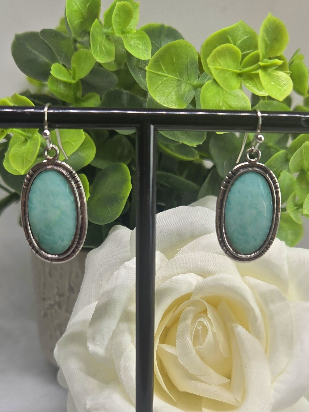 Turquoise Oval Drop Earrings with Silver-Tone Frame